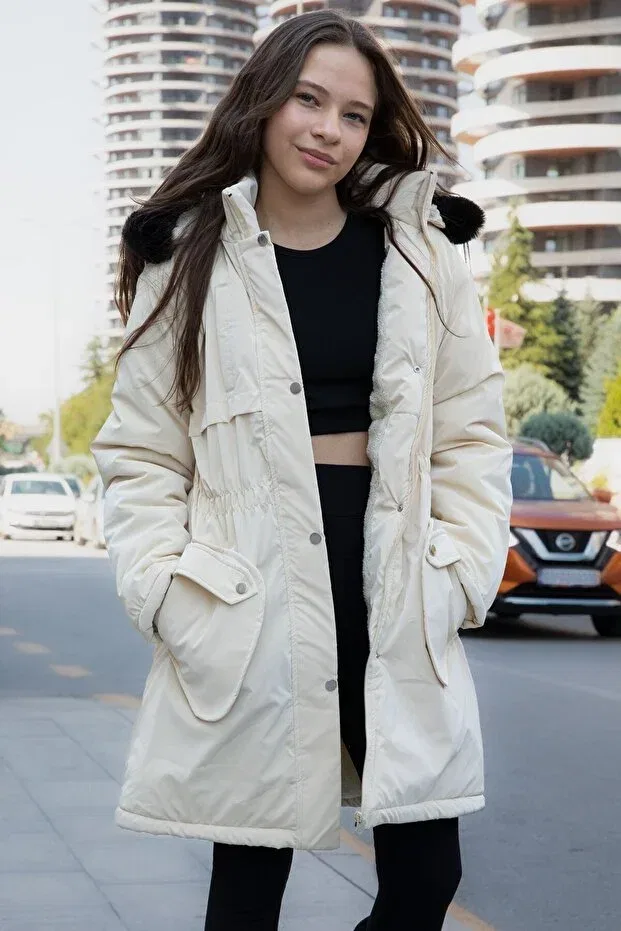 Детское пальто для девочек пуховое с капюшоном Cansın Mini, Nude Color — фото 4