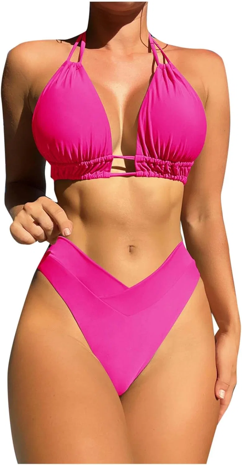Женский бикини-комплект V-образным вырезом с завышенной талией, Hot Pink