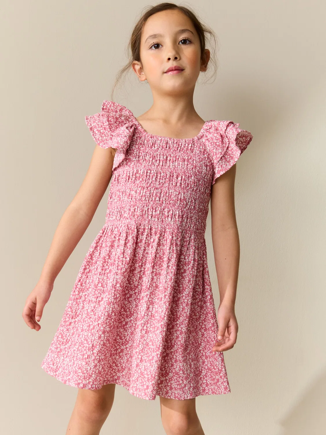 Платье с цветочным принтом, Smocked Frill Sleeve Next, розовый