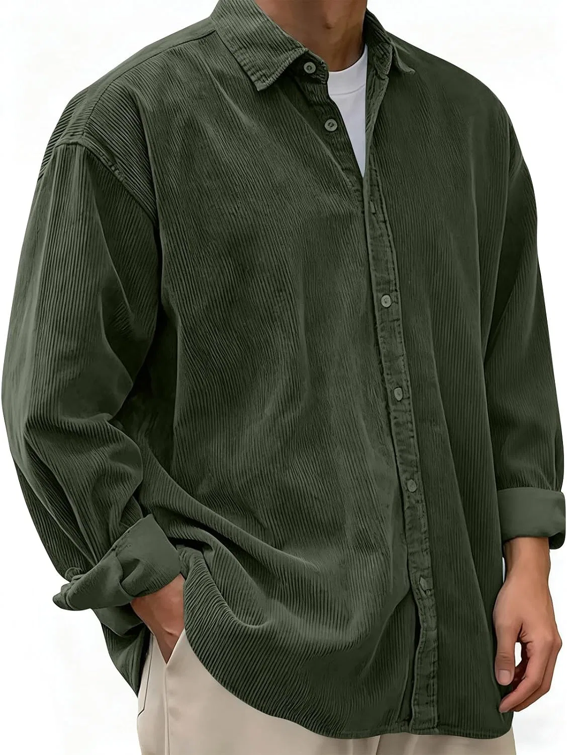 Мужская свободная рубашка из вельвета с длинным рукавом, Army Green
