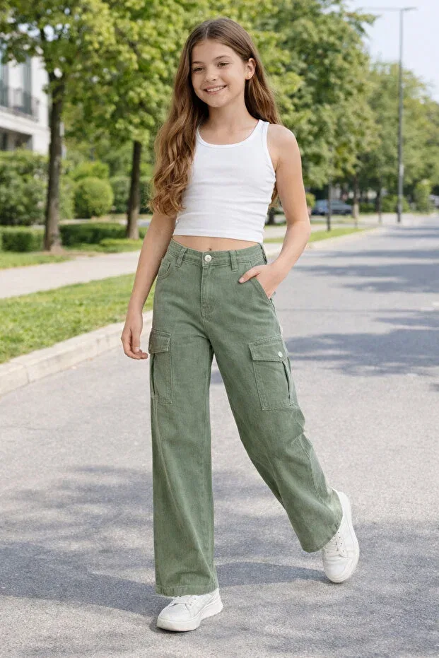 Детские брюки для девочек льняные Basics Eleysa, Khaki — фото 4