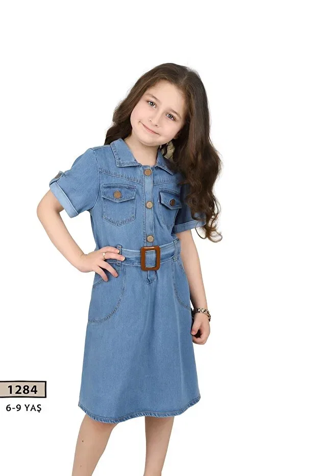 Детское платье для девочек джинсовое с карманами и поясом Classic Aymini, Blue