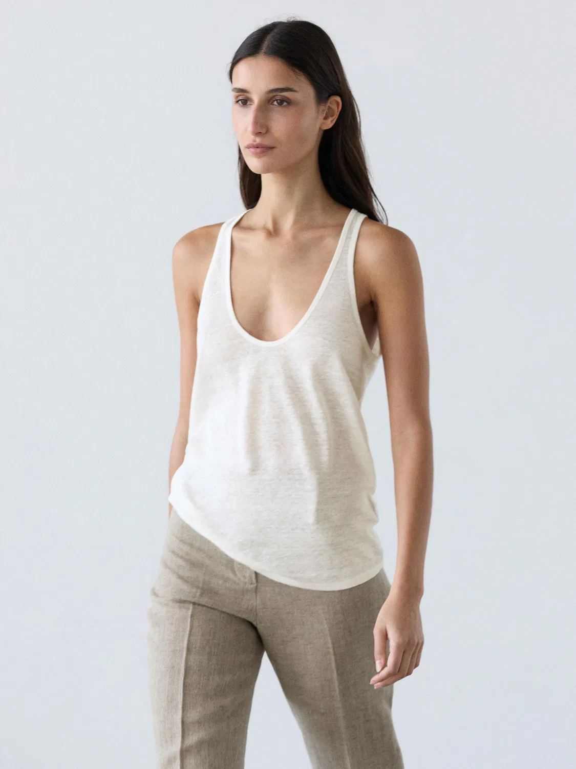 Топ на бретельках из 100% льна Massimo Dutti, Off-White — фото 2