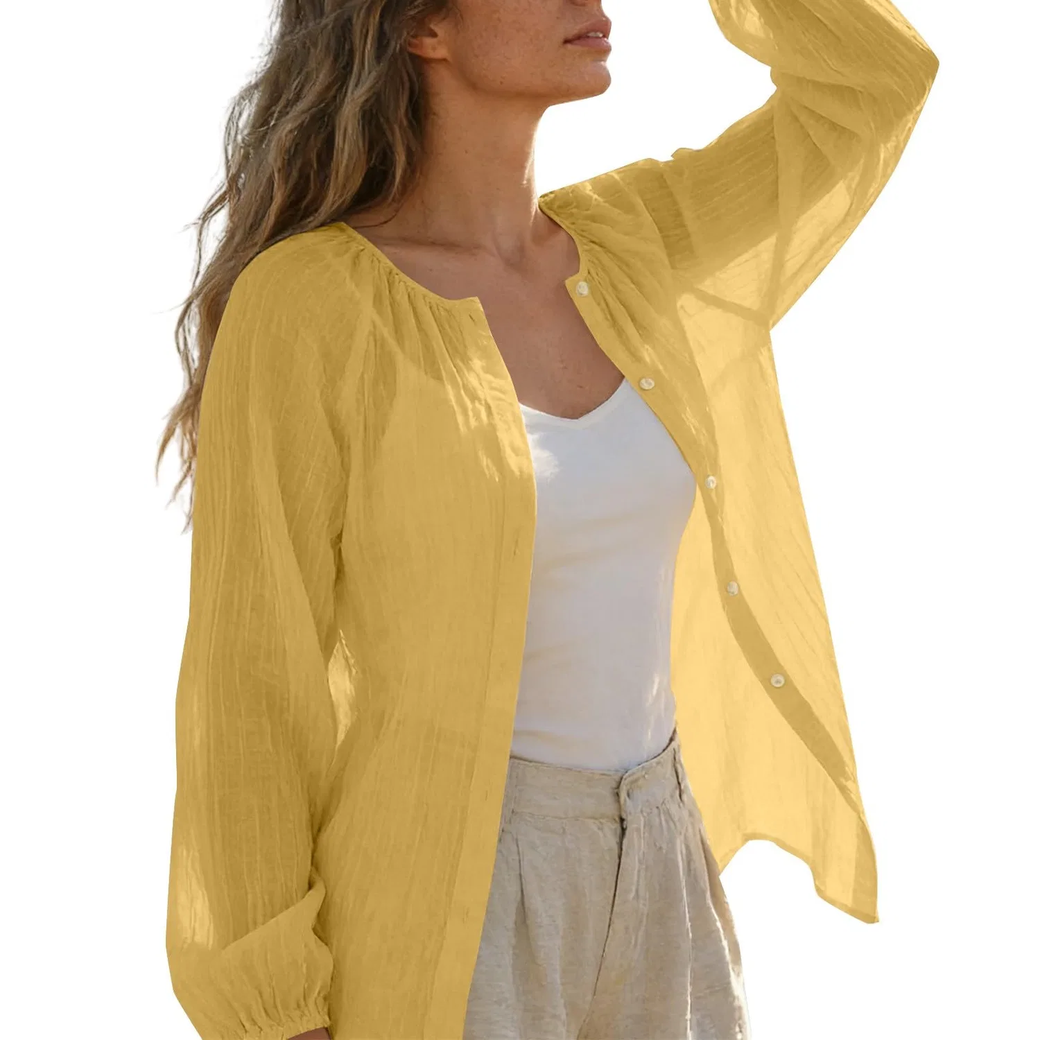 Женская блузка из хлопка и льна с длинным рукавом, Yellow — фото 2