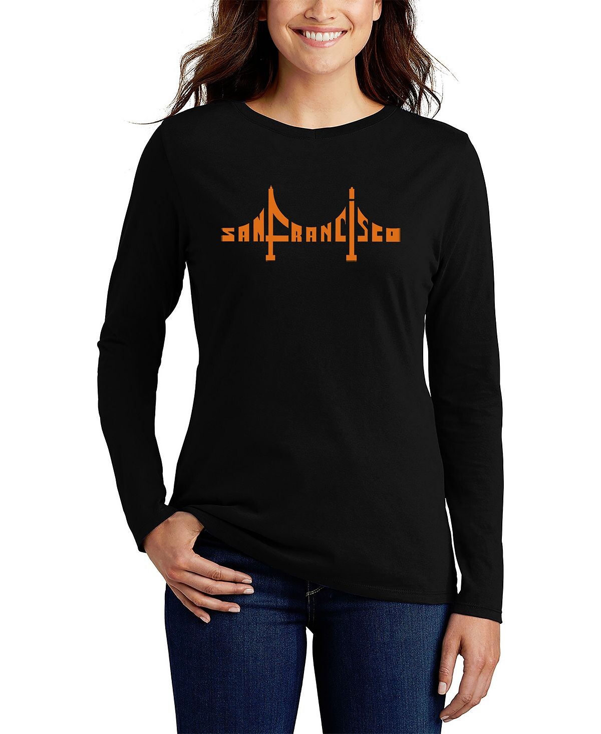

Женская футболка с длинным рукавом san francisco bridge word art LA Pop Art, черный