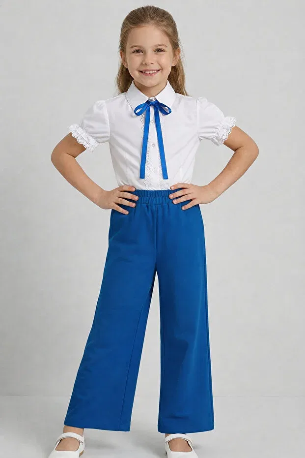 Детские брюки для девочек широкие с кружевными бантами Fatella, Navy Blue