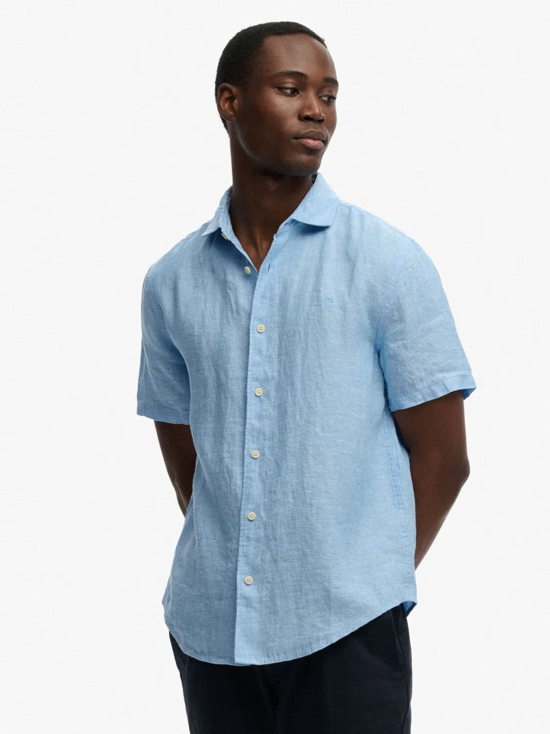 Superdry Небесно-голубая льняная рубашка из шамбре Riviera с короткими рукавами — фото 4