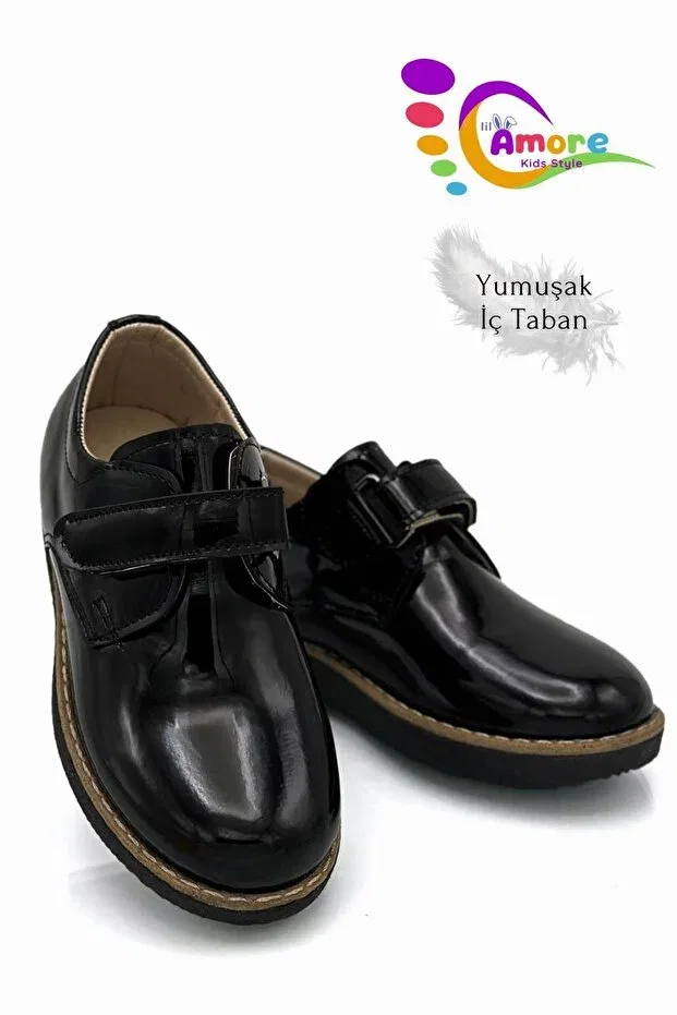 Детские туфли для мальчиков на липучке Moda Anna, Patent Leather Black