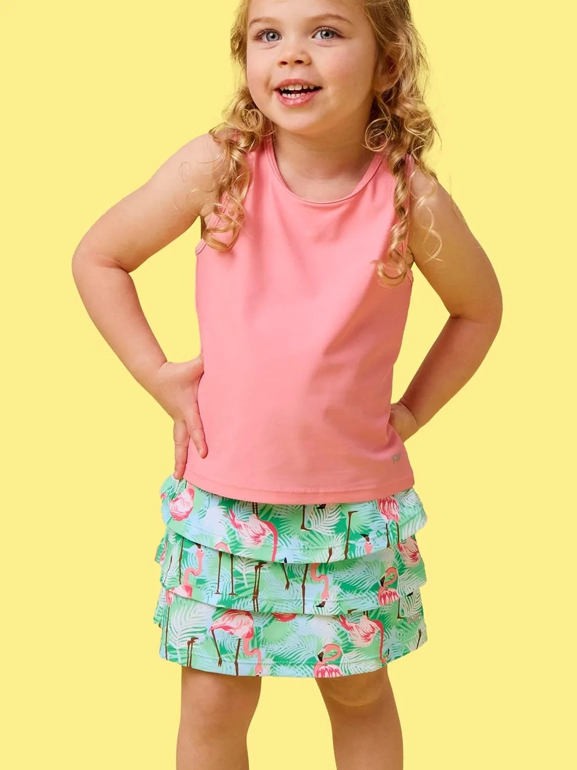 Спортивная юбка-шорты для девочек RuffleButts Green Vibrant Flamingo — фото 2
