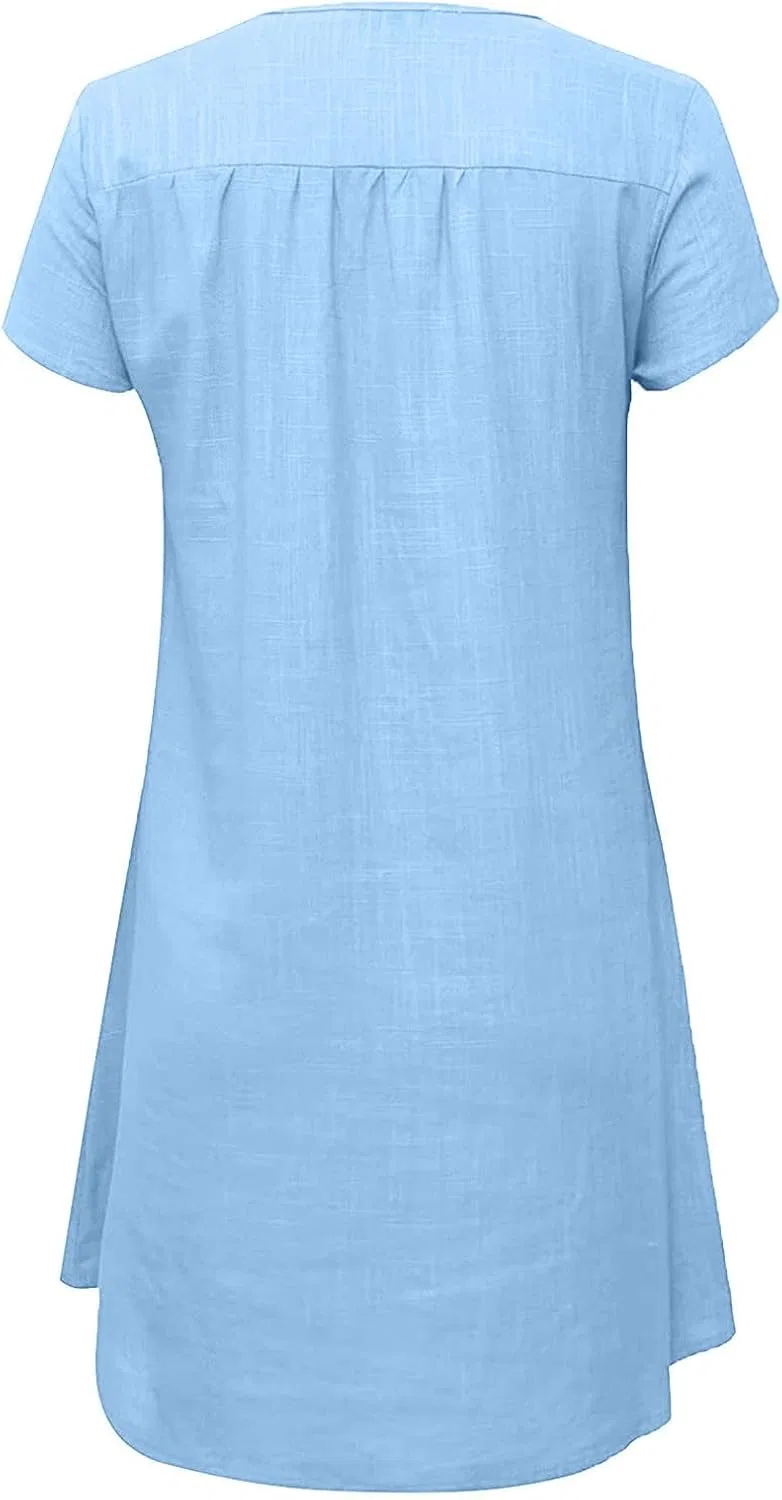 Женское летнее платье из хлопка и льна с V-образным вырезом Generic, Light Blue — фото 3