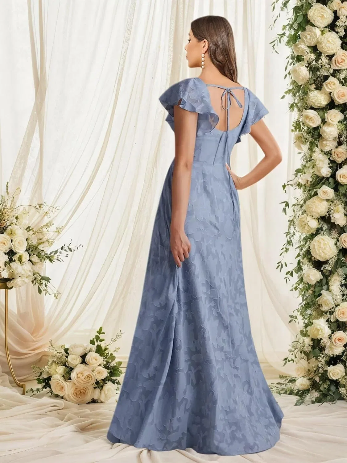 Женское вечернее платье с цветочным жаккардом Ruffle Sleeves, Light Blue — фото 2