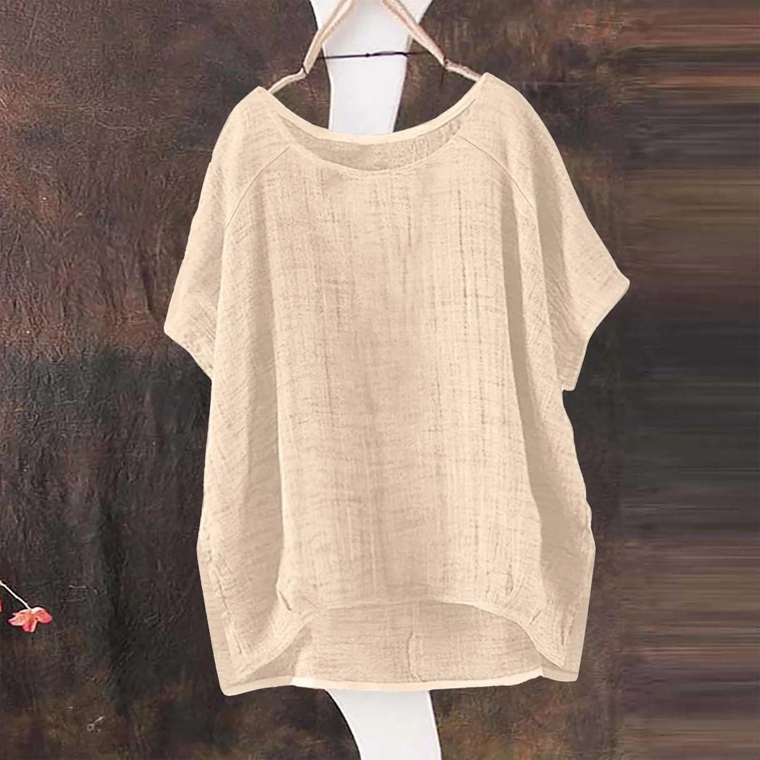 Женская свободная льняная блуза с воротником-стойкой Oversized, Beige — фото 2