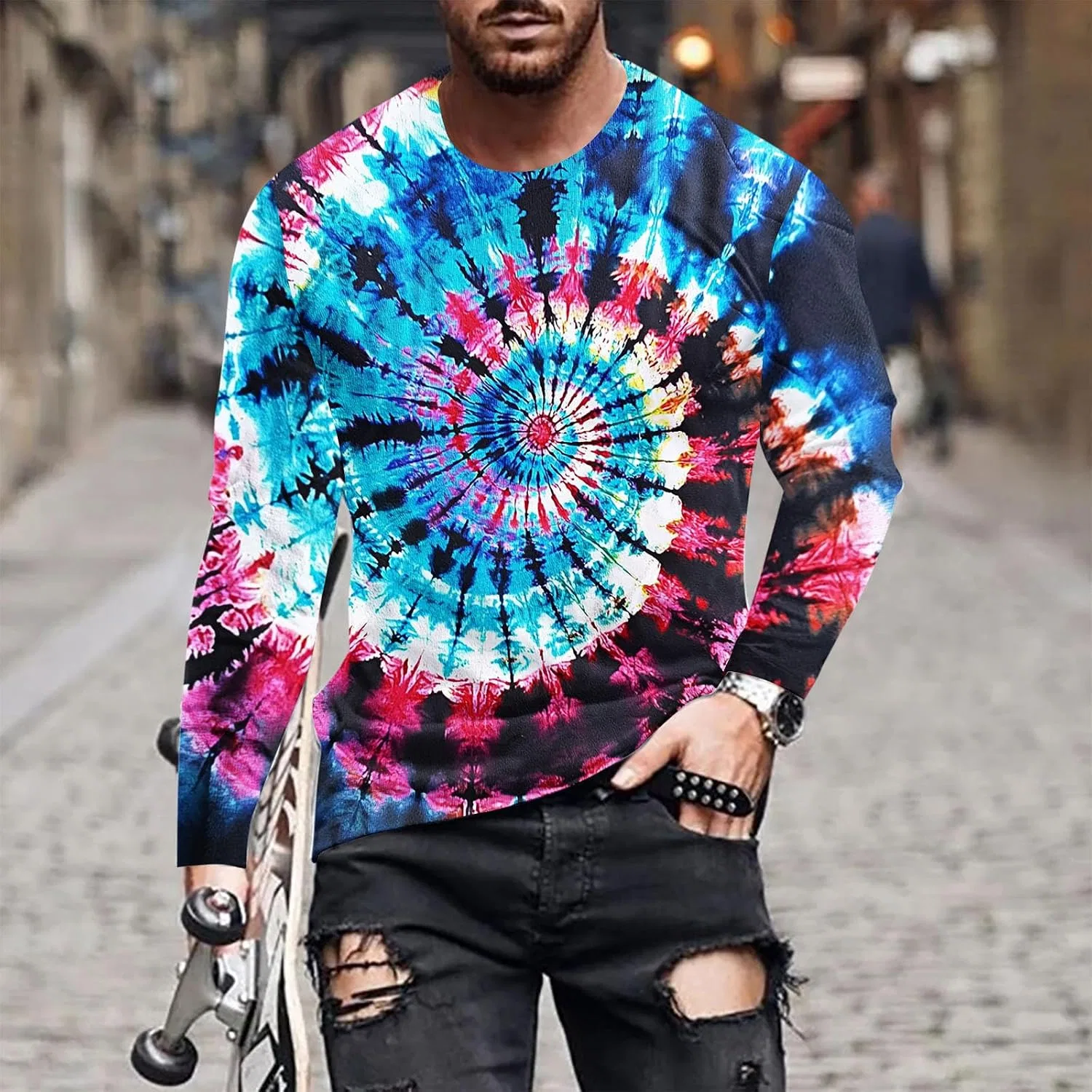Мужская футболка с длинным рукавом tie-dye, ретро-дизайн, crew neck, Blue — фото 2