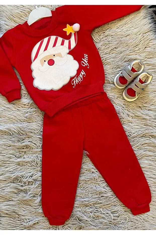 Детский комплект спортивного костюма из футера с принтом New Year's Pompom Detailed Winter Hoodie 3 Thread 2-Piece Tracksuit Enes Baby, Bearded Santa Claus