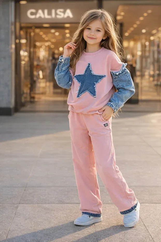 Детский комплект для девочек из свитшота и брюк с принтом Denim Star Detailed Black Set Calisa, Pink — фото 3