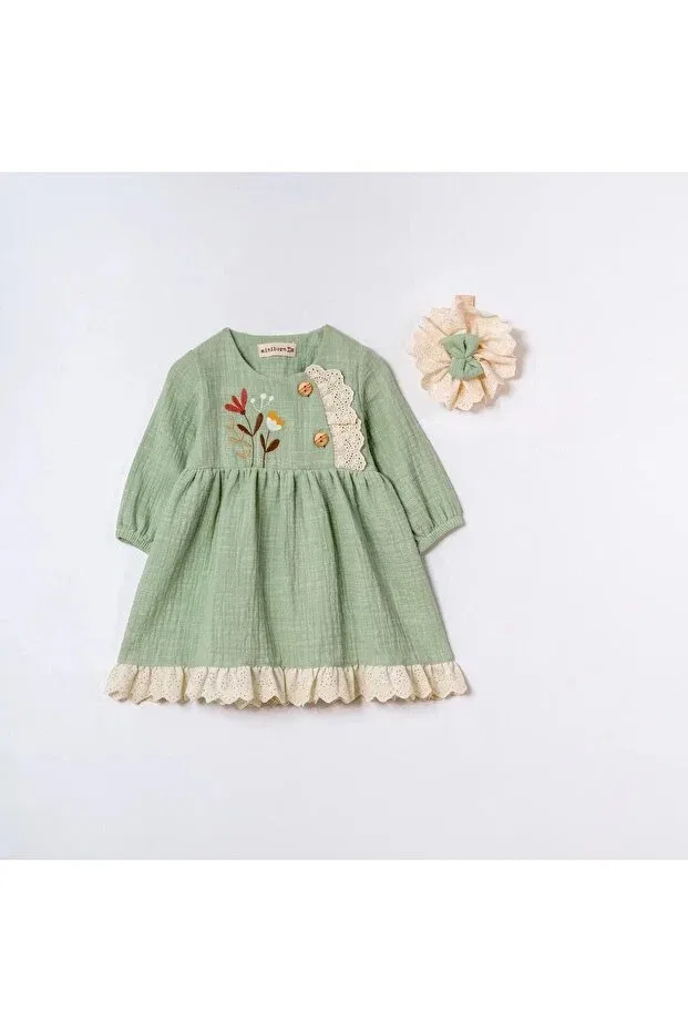 Детский комплект платьев для девочек с кружевом Miniborn, Green — фото 4