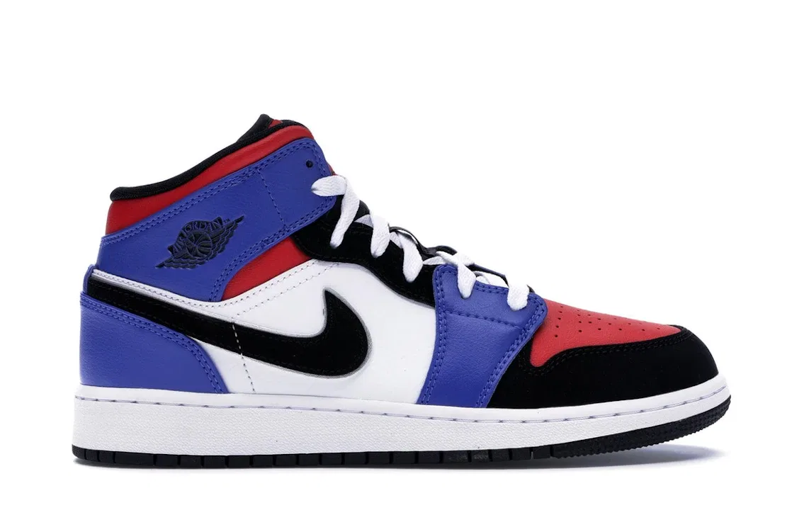 Детские кроссовки с многоцветным верхом Jordan 1 Mid, White/Black-Hyper Royal-University Red-Metallic Silver