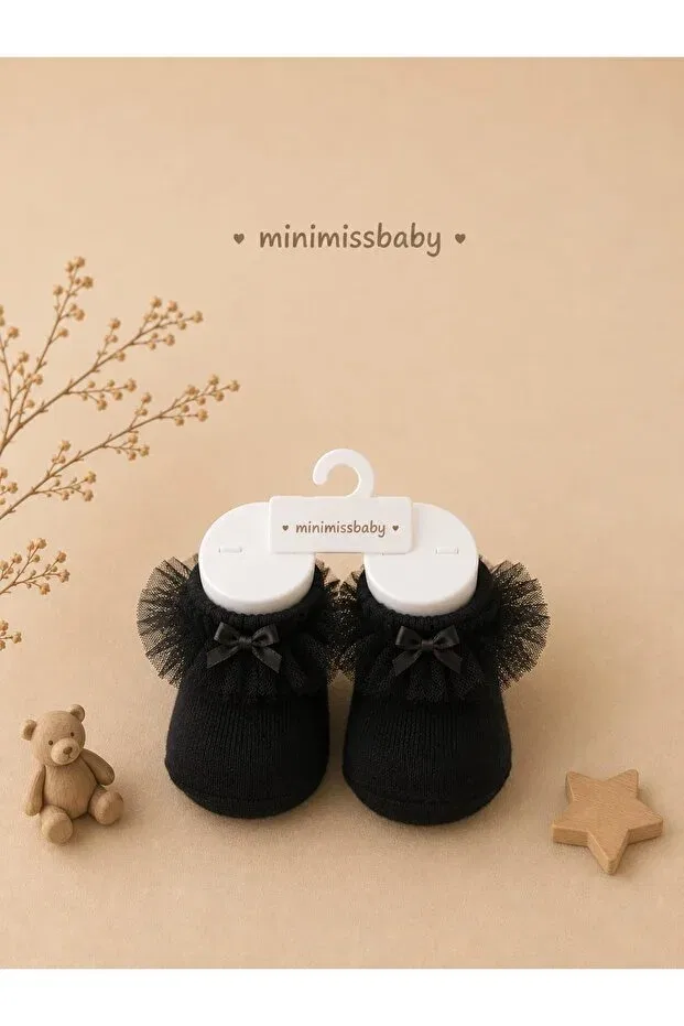 Детские носки для девочек с тюлевым бантом Minimissbaby, Black — фото 2