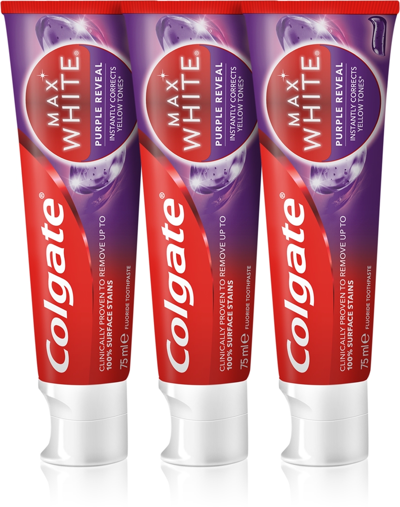 

Макс белый фиолетовый раскрывает освежающую зубную пасту Colgate, 3× 75 мл