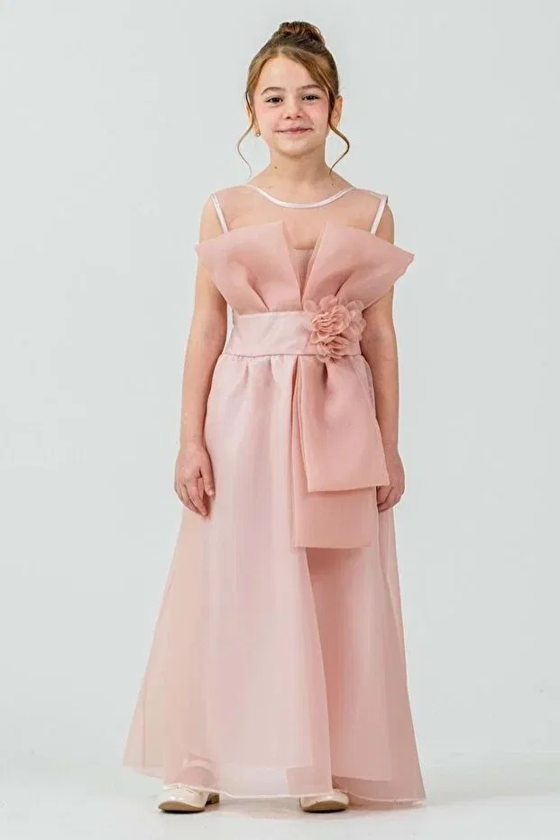 Детское платье для девочек с принтом Girl'S organza tulle flower and bow detailed gipe back princess evening dress m00800 pudra Mnk Baby&Kids, Powder