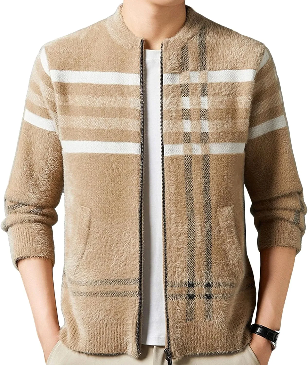 

Мужской кардиган с полной застежкой-молнией, полосатый, цветной блок, кашемир, вязаный, обычный крой, с флисовой подкладкой, теплый JEShifangjiusu