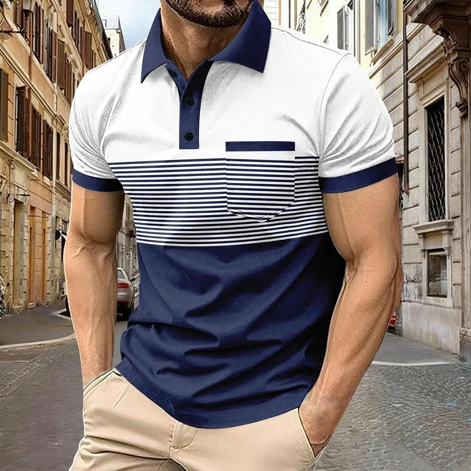 Мужское поло с полосками и цветовыми блоками, Slim Fit, с карманом, синее — фото 3