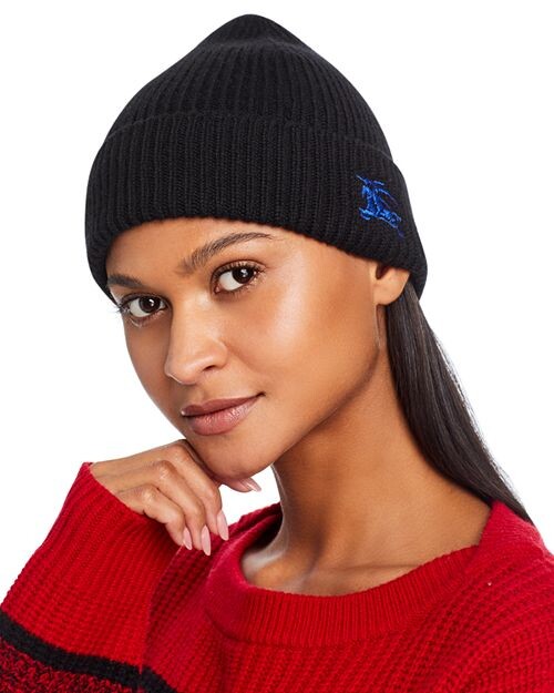 

Кашемировая шапка в рубчик с вышитым логотипом Burberry, цвет Black
