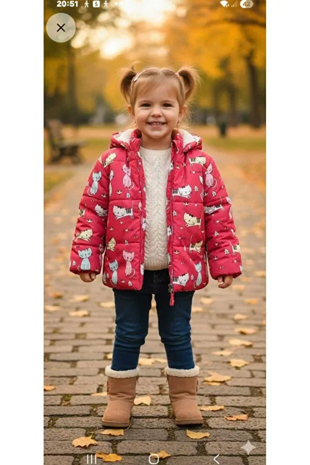 Детское пальто для девочек с принтом Cute girl's coat with cat pattern and fur inside Moda, Pink