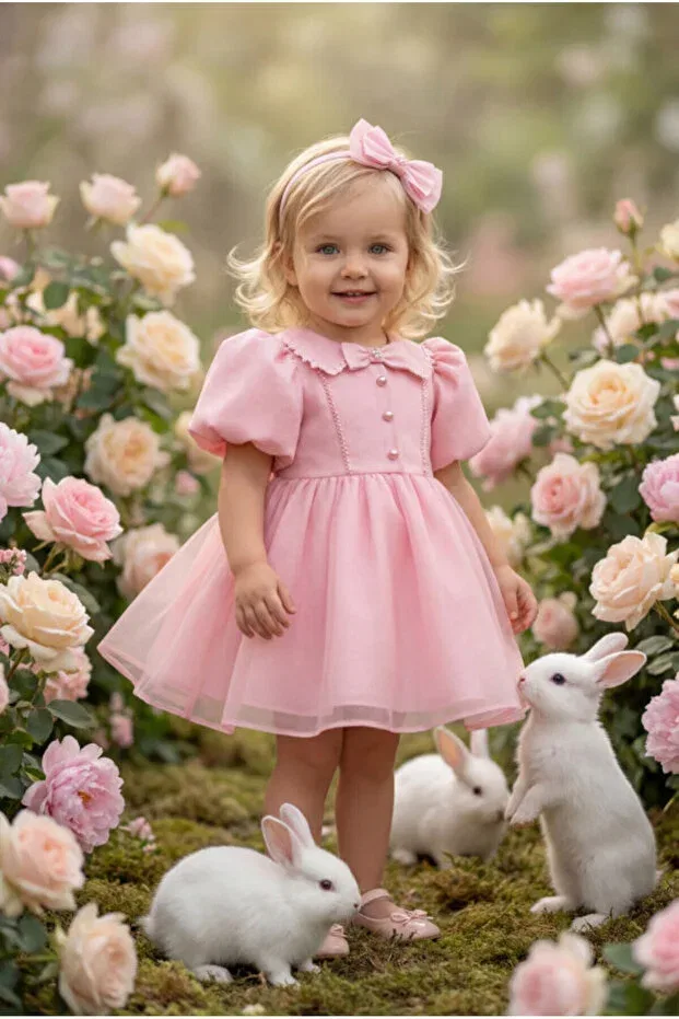 Детское платье для девочек с жемчугом Evening dress pearl detailed baby special occasion dress with hair accessory Pamina, Pink