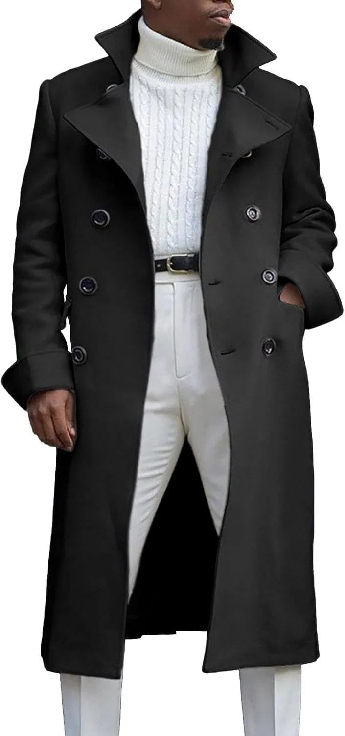 Мужское пальто-тренч с двубортной застежкой, Classic Winter Woolen Outerwear, чёрный