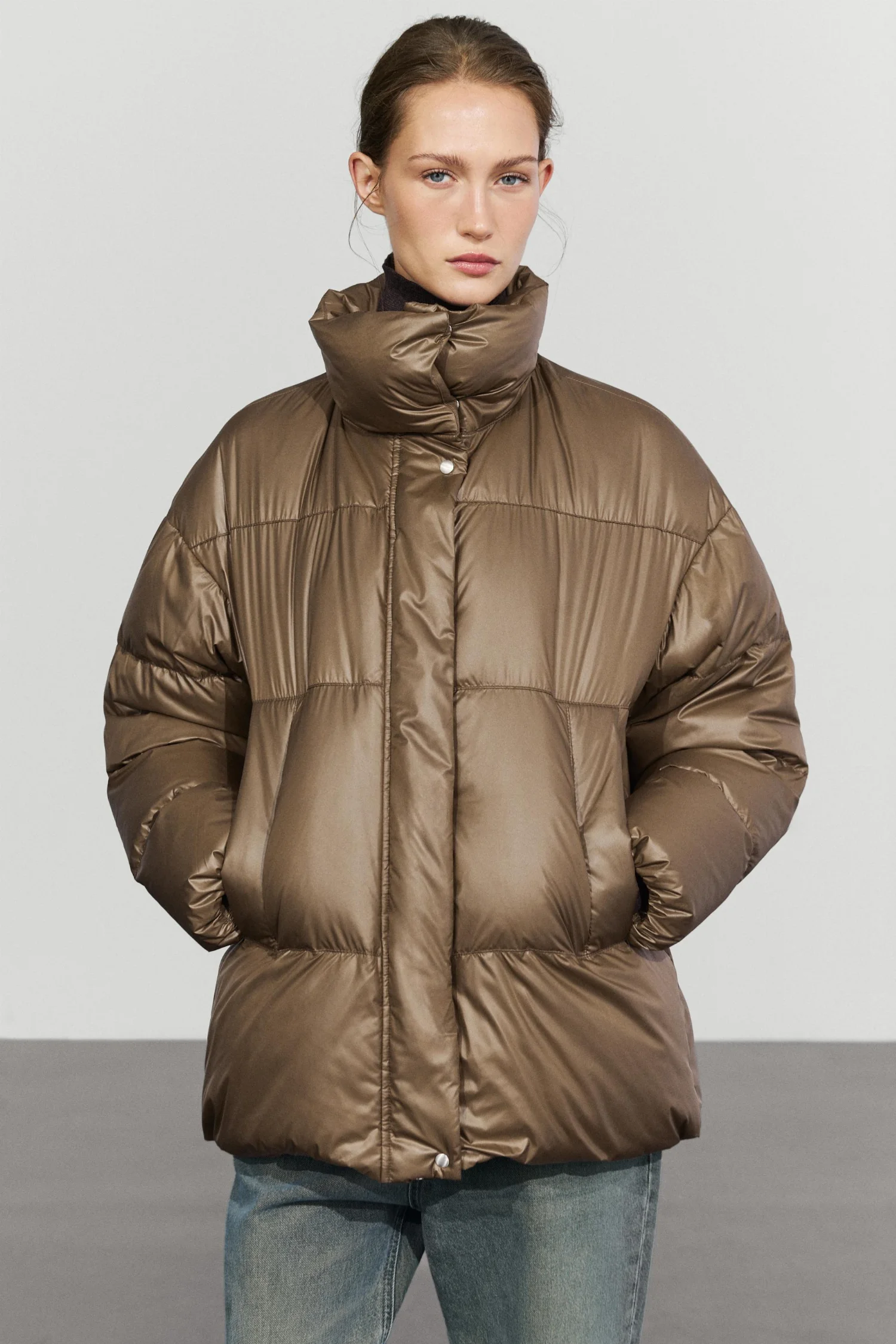 Пуховик Massimo Dutti With Plaid Interior Detail, светло-коричневый — фото 2