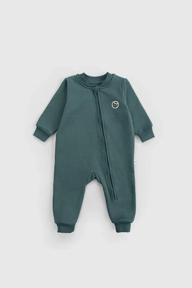 Детский комбинезон с длинным рукавом Organic cotton furry inside green zippered baby romper Little Gusto, Green — фото 2