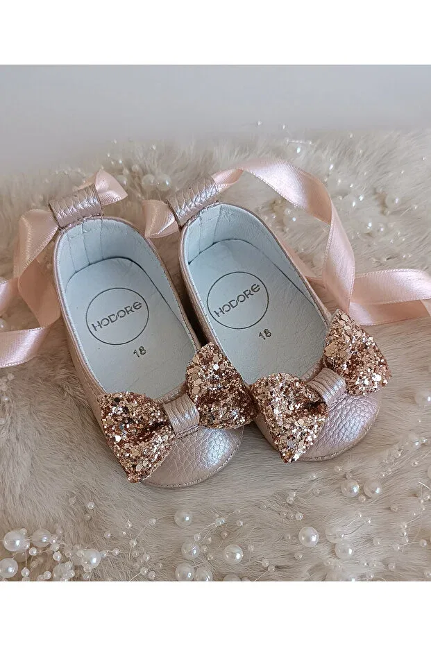Детские балетки для девочек из натуральной кожи Perla salmon genuine leather baby ballerina shoes Hodore, Salmon With Stones — фото 3