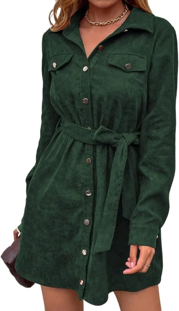 Женское повседневное платье-рубашка с поясом Corduroy, Dark Green