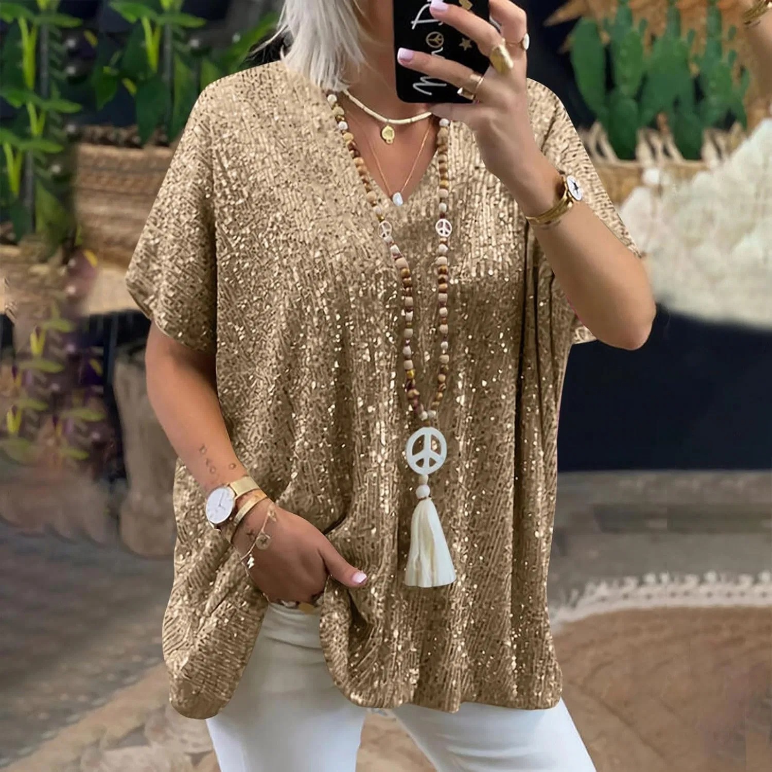 Женская свободная футболка с V-образным вырезом с блестками Oversized, Gold — фото 2