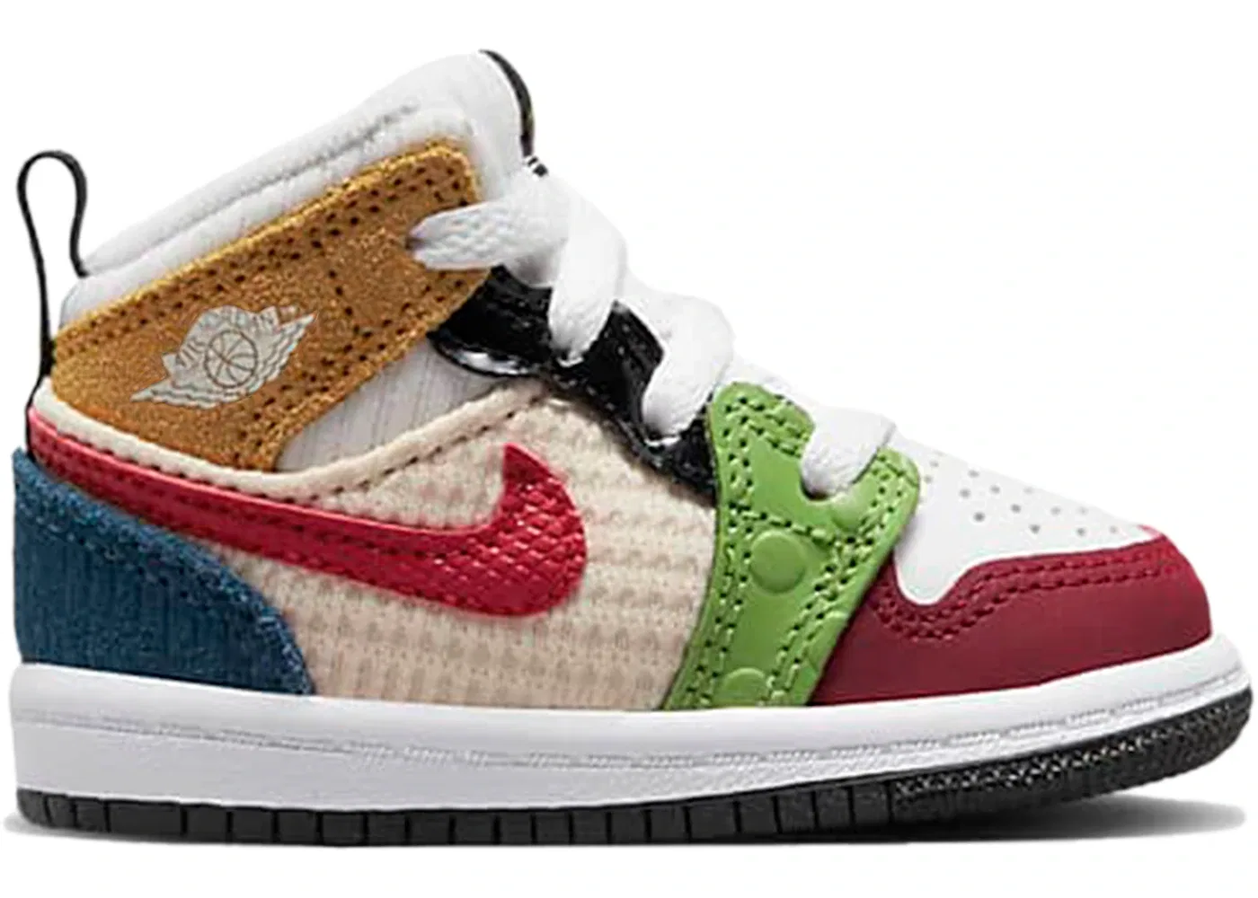 Детские кроссовки для мальчиков с высоким берцем Jordan 1 Mid SE Messy Room Jordan, White/Black/Pearl White/Gym Red