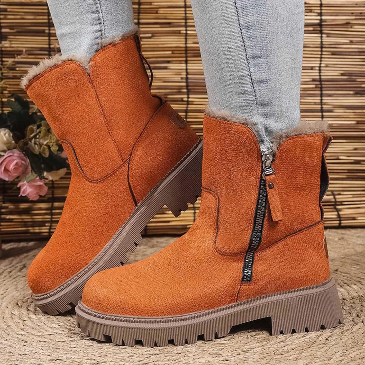 Детские ботинки для девочек с принтом Winter Ankle Boots Platform Side Zipper Warm Snow Boots with Faux Leather Lining for Cold Weather, Orange — фото 4