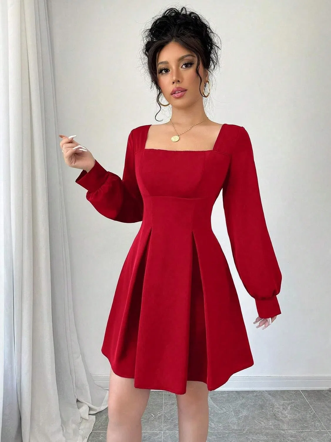 Женское повседневное платье А-силуэта с квадратным вырезом, Red — фото 4