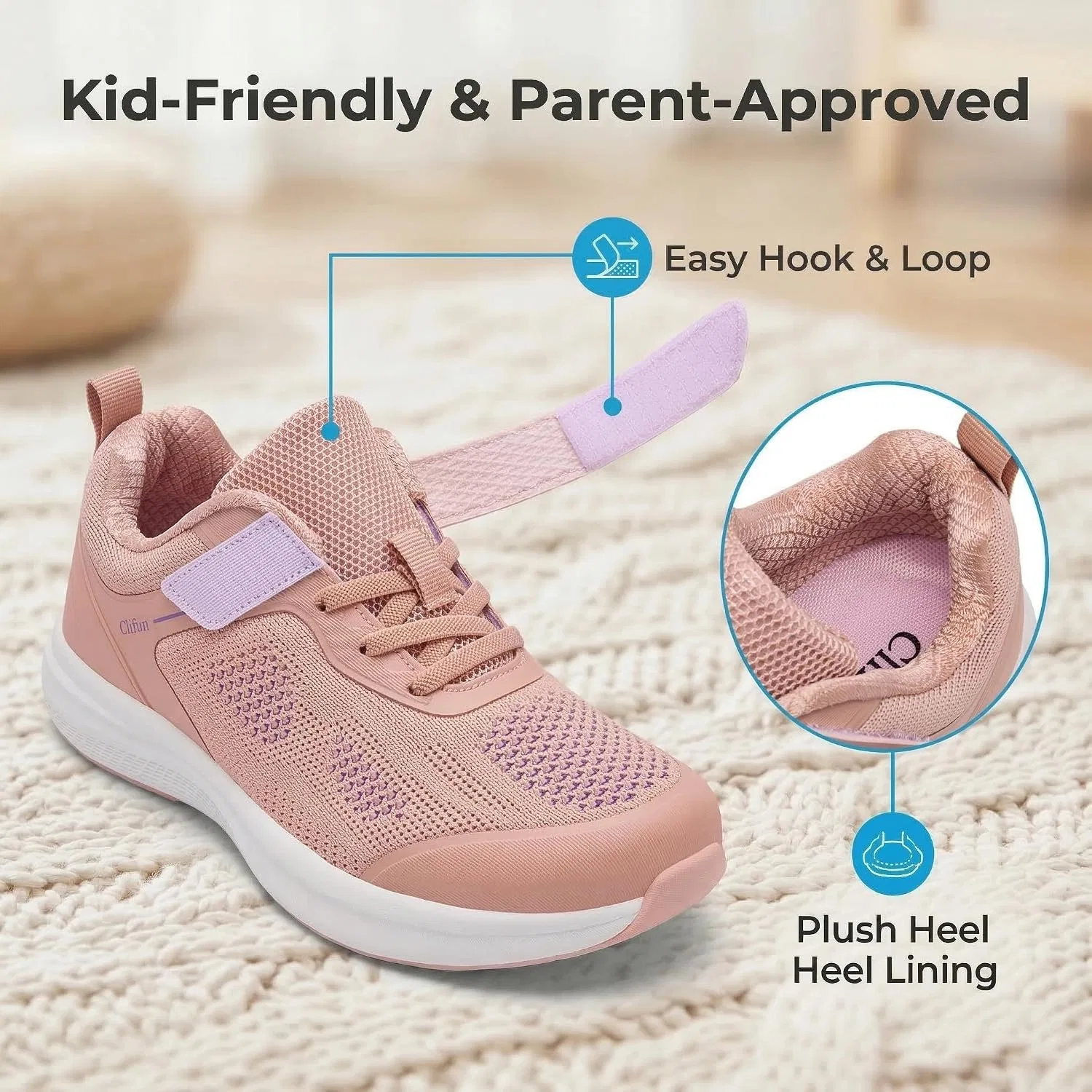 Детские кроссовки с широким носком для мальчиков и девочек Clifun, Mauve Pink — фото 4