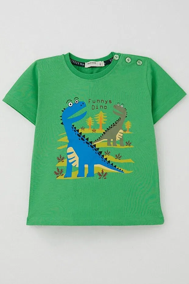 Детская футболка для мальчиков с принтом Forest Themed Funny Dinosaurs Breeze, Green