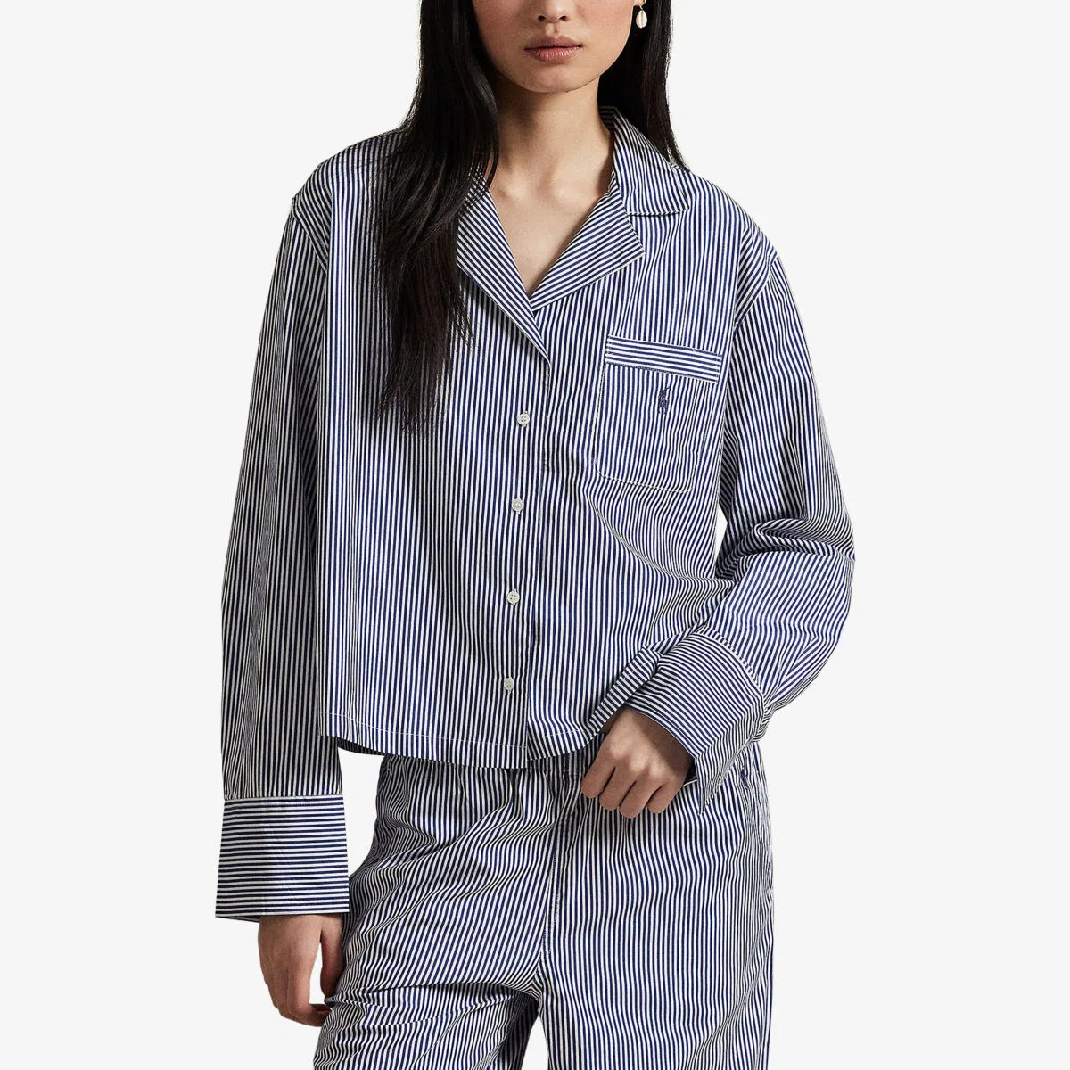 Пижамный комплект из хлопкового поплина в полоску с вышитым логотипом Polo Ralph Lauren, белый/синий — фото 3