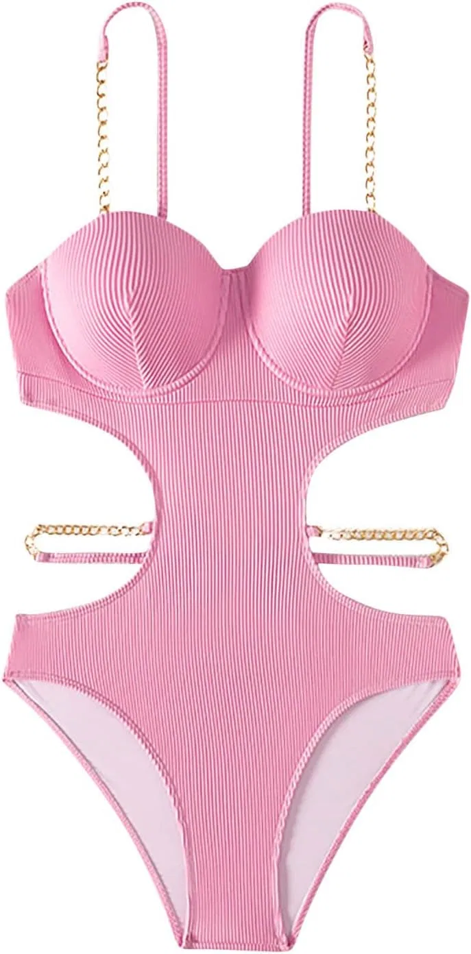 Женский цельный купальник с вырезами Monokini Ribbed High Waisted, Pink