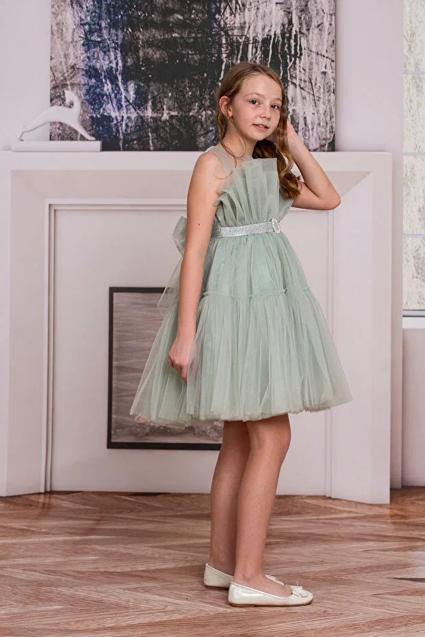 Детское платье-принцесса из фатина с коротким рукавом Süslü Pink Kids, Green — фото 3
