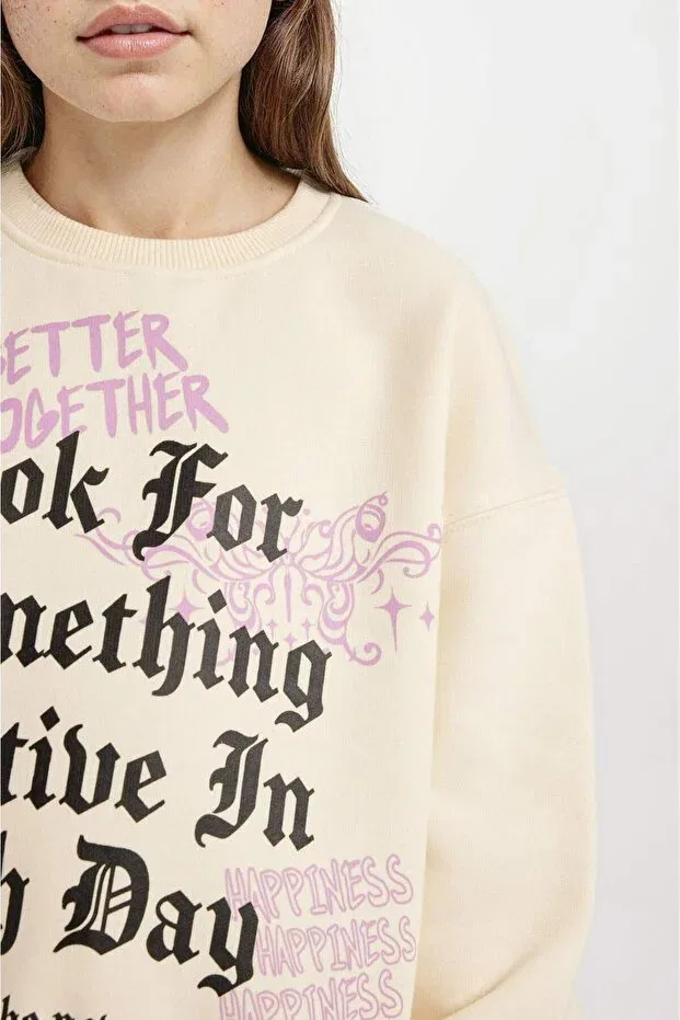Детские свитшот для девочек с принтом Relax Fit Crew Neck Printed Defacto, Ekru-Er99 — фото 3