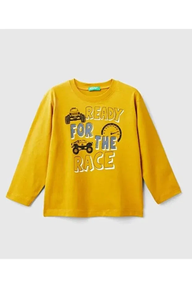 Детская футболка для мальчиков с принтом Benetton baby boy tractor print long sleeve t-shirt 1-6 years mustard United Colors Of Benetton, Hardal