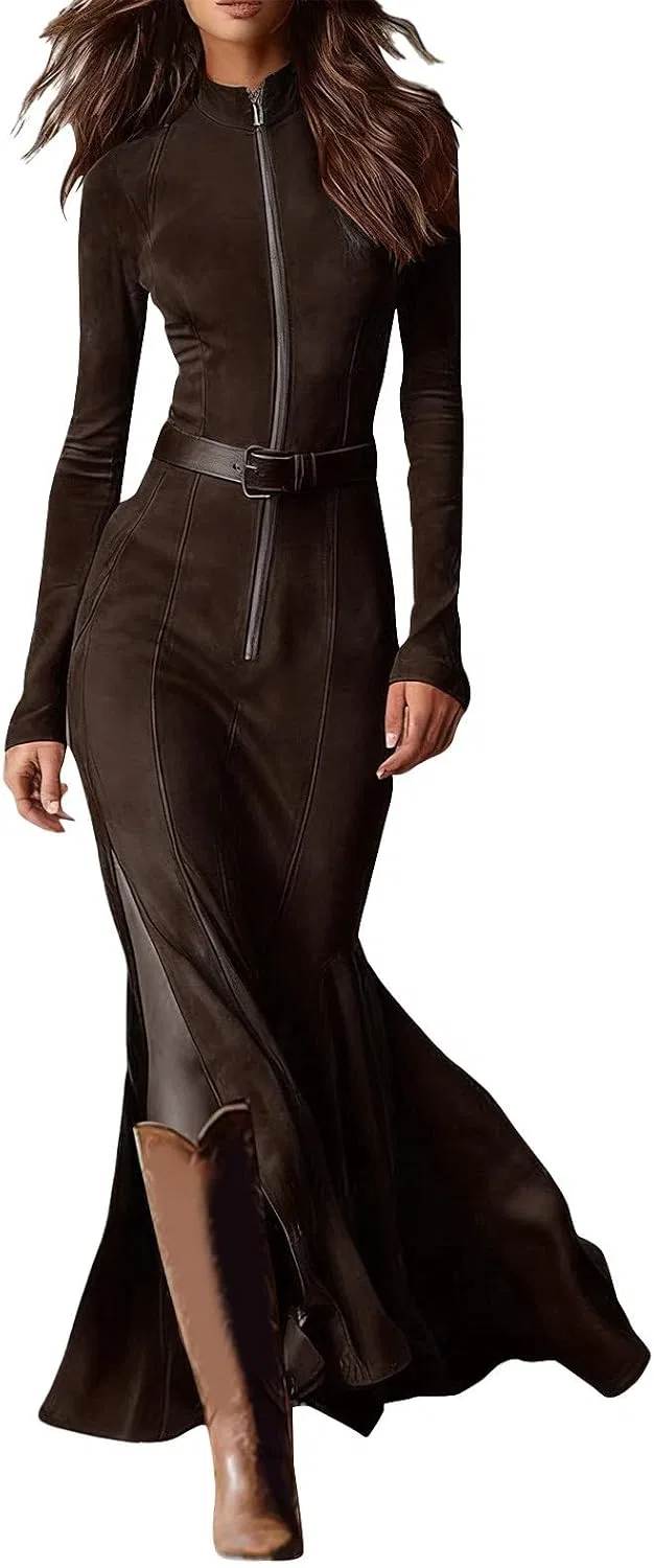 Женское платье-макси из замши с принтом, Western Retro Suede Maxi Dress, кофейный
