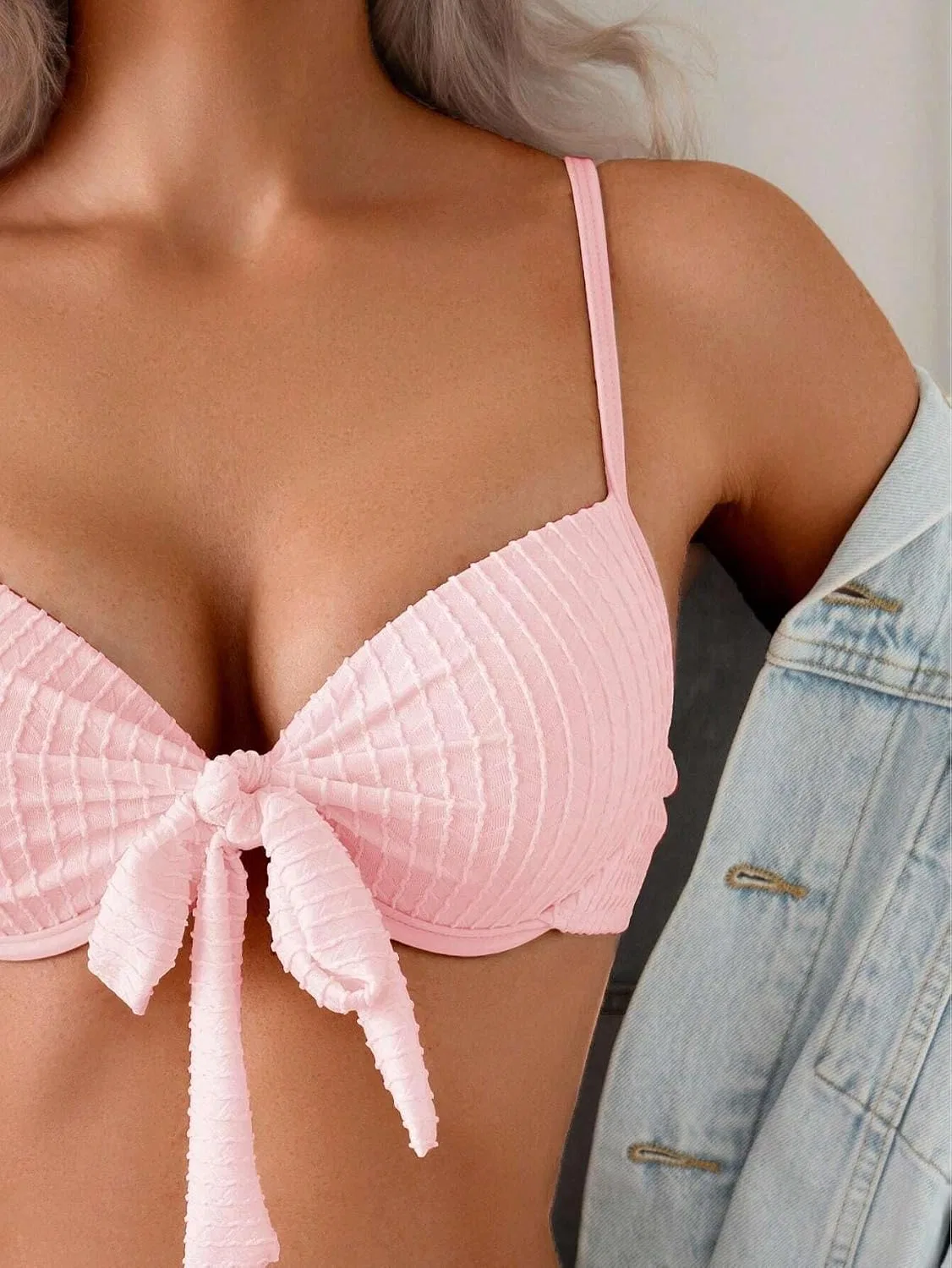 Женский бикини-сет с завязками на высокой талии, Baby Pink — фото 4