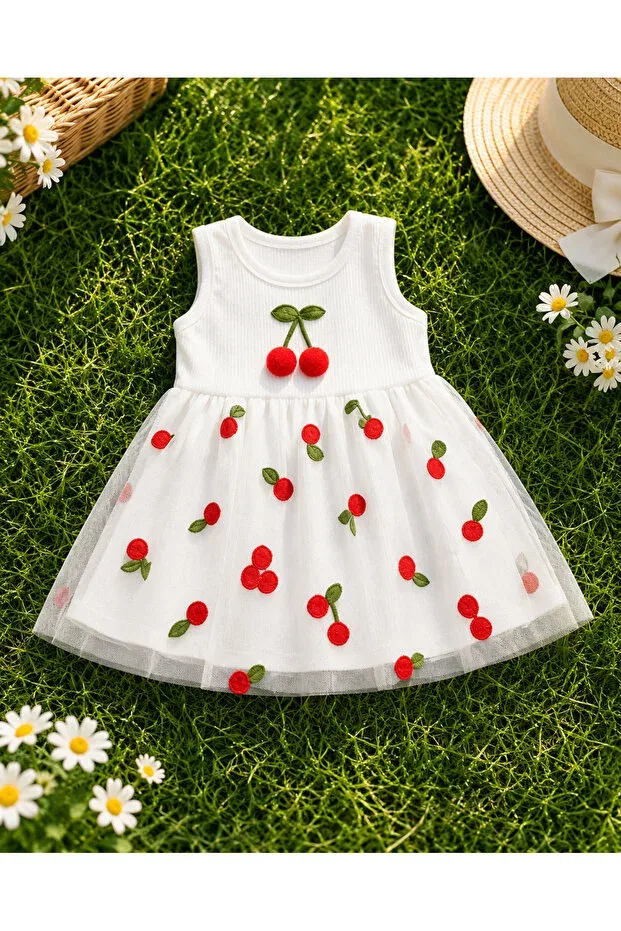 Детское платье для девочек хлопковое Cherry detailed tulle snap dress Masal Bebe Kids, White
