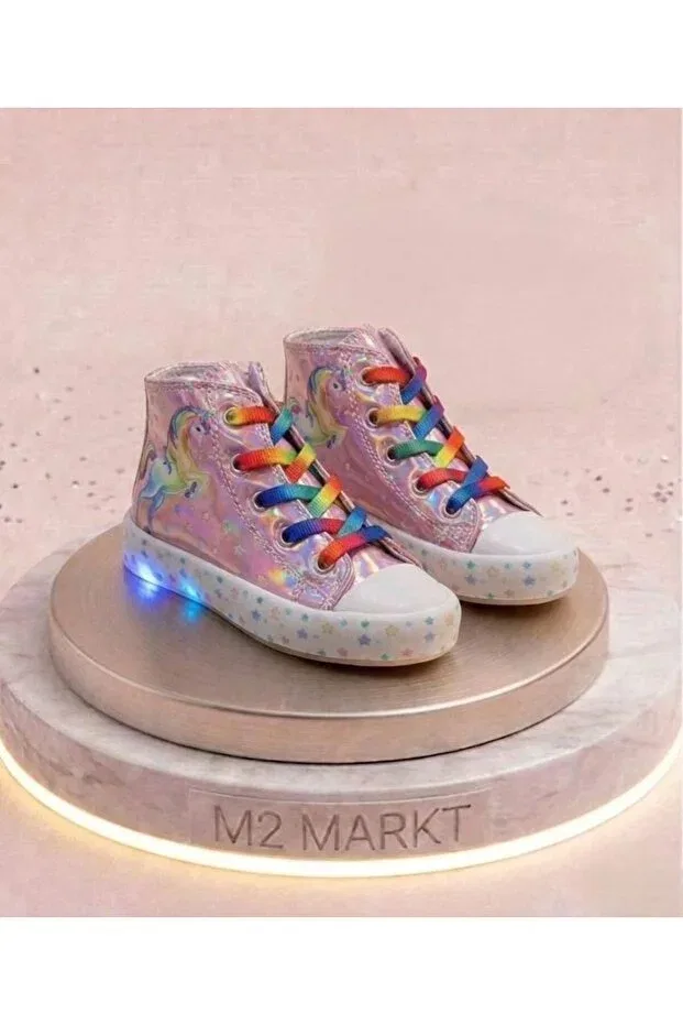 Детские спортивные туфли для девочек с принтом Unicorn patterned rainbow lace-up lighted girls' casual sports shoes Papuctime, Pink — фото 2