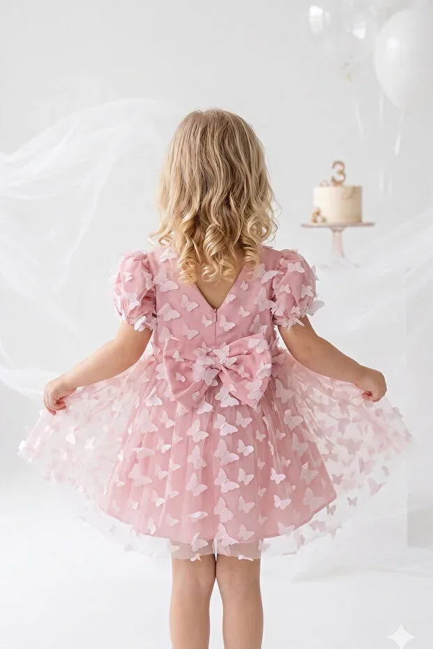 Детское платье для девочек с принтом 3D Butterfly Tulle Princess Dress Alyra, Powder — фото 3